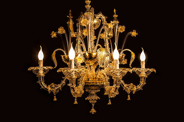 Beautiful chandelier (Murano Italy) isolated on black background. stock photo