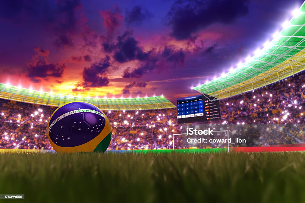World soccer cup in 2014 at night 3D rendering of footballs in the year 2014 in a football stadium International Soccer Event Stock Photo