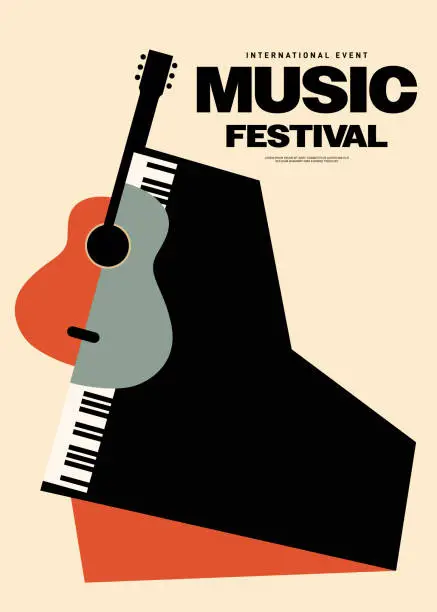 Vector illustration of Music festival poster template design background with piano and guitar vintage retro style
