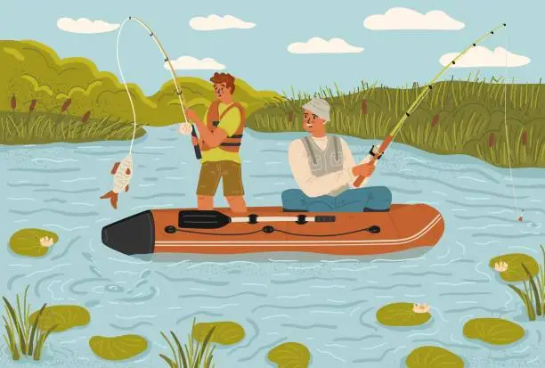 Vector illustration of Senior father and adult son enjoying fishing hobby time together