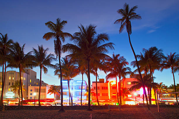 Miami Beach, Florida  hotels and restaurants at sunset stock photo