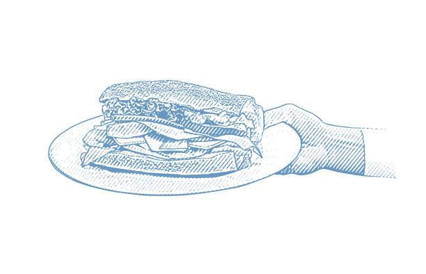 여성의 손에 건강한 샌드위치 - sandwich ham white background lunch stock illustrations