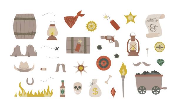 Bohemian gold rush elements set. Wild west landscape, fire, dynamite, lamp. Bohemian gold rush elements set. Wild west landscape, fire, dynamite, lamp buffalo shooting stock illustrations