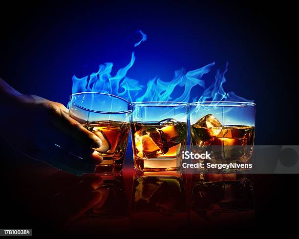 Three Glasses Of Burning Yellow Absinthe Stock Photo - Download Image Now - Absinthe, Addiction, Alchemy