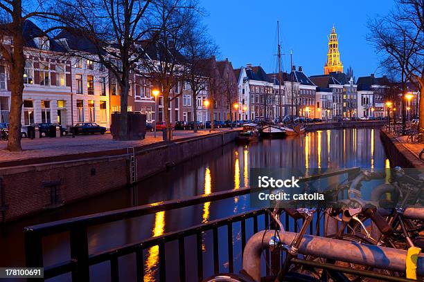 Street Along Canal At Night In Groningen Stock Photo - Download Image Now - Architecture, Bicycle, Blue