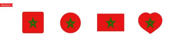 Vector illustration of National flag of Morocco. Moroccan flag icons in the shape of a square, circle, heart. Isolated flags for language selection. Vector icons