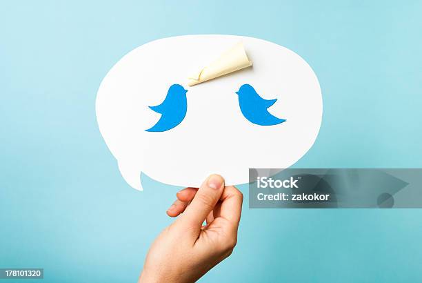 Hand Holding Speech Bubble Blue Birds Megaphone Content Marketing Concept Stock Photo - Download Image Now