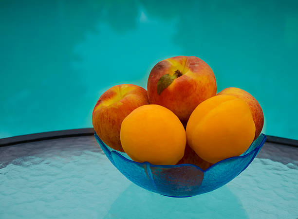 istock Peaches and apricots by the swimmimg pool 178102429