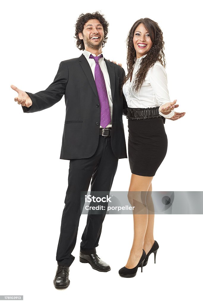 Come with us! handsome businessman and gorgeous business woman with open arms over a white background Adult Stock Photo