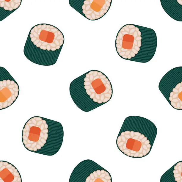 Vector illustration of Maki sushi seamless vector pattern. Tasty Japanese roll with raw salmon, tuna, rice wrapped in nori seaweed. Fresh Asian snack, fish delicacy. Hand drawn seafood. Flat cartoon background for print