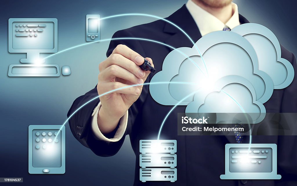 Cloud Computing Concept "Businessman drawing cloud computing, technology connectivity concept" Adult Stock Photo