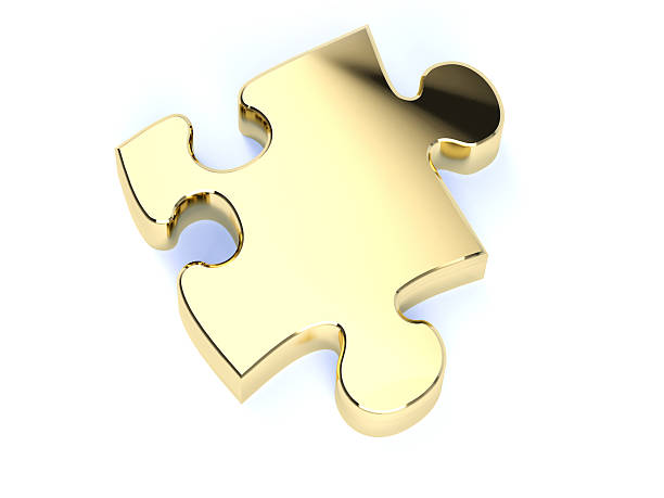 einzelne gold puzzle - puzzle part of gold jigsaw piece stock-fotos und bilder
