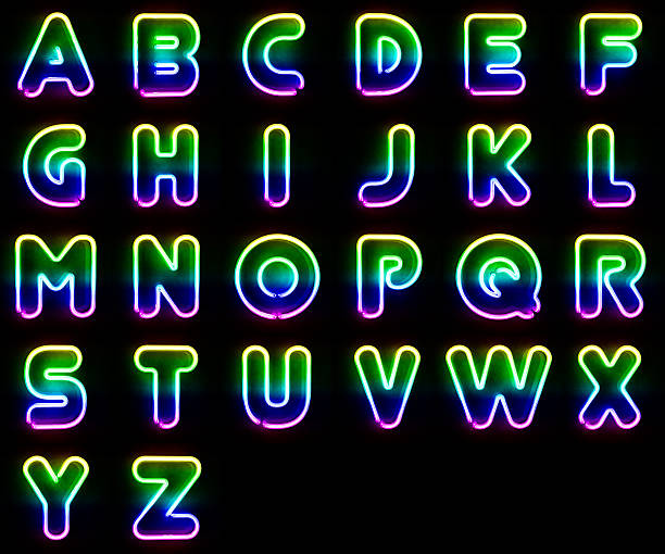 colorido as letras de neon - lighting equipment illuminated isolated on black part of - fotografias e filmes do acervo