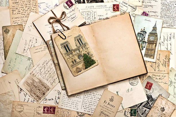 old postcards. vintage travel background old postcards and open empty book. vintage travel background text photography stock pictures, royalty-free photos & images