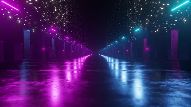 Futuristic Night Street With Neon Lights And Skyscrapers 3D Render 4K Video