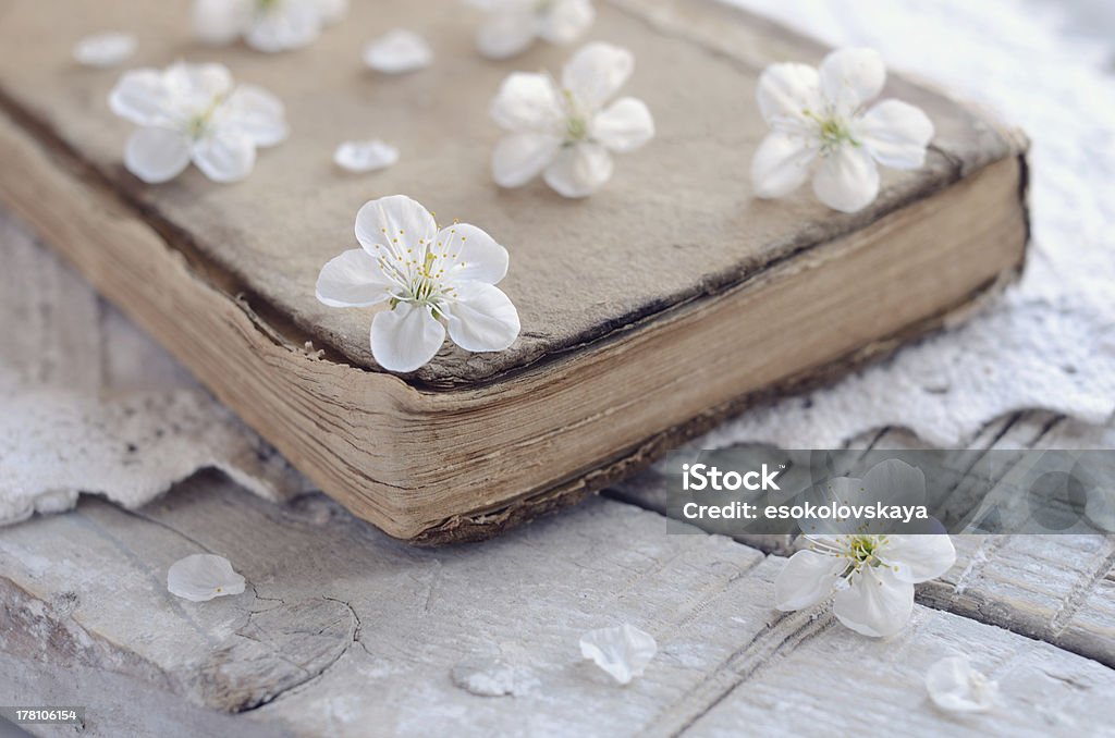 Черри цветы Откладывание на старые книги на кружевной Ажурная салфетка - Стоковые фото Ажурная салфетка роялти-фри
