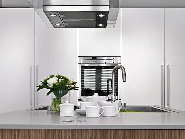 dishes on the worktop in a modern kitchen near to steel sink and vase of fowers