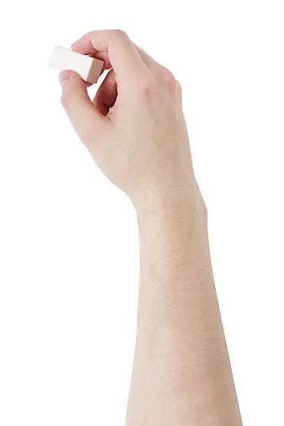 adult man hand erasing something with eraser, isolated on white