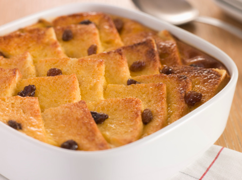 Bread and Butter Pudding in a Cooking Dish on Table