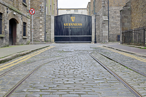 Dublin, Ireland - August 14, 2023: Gate of St. James at the Guinness Brewery (Dublin, Ireland).