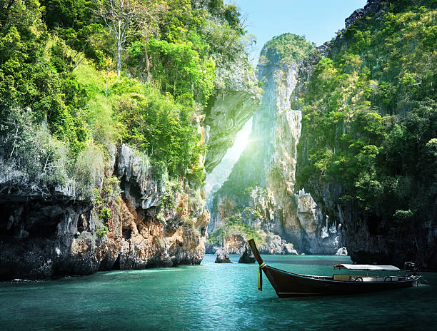 long boat and rocks on railay beach in Krabi, Thailand