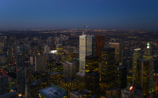 Aerial view of downtown Toronto at dusk.
