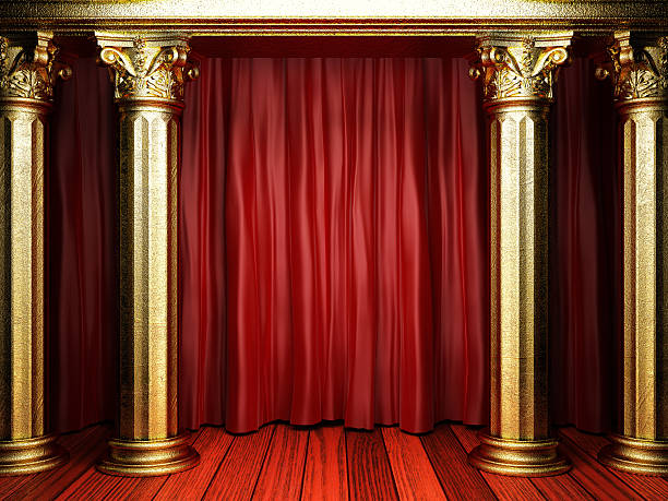 istock red fabric curtain on golden stage 178112176