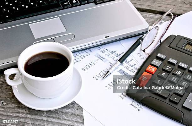 Finance Concept Office Objects Stock Photo - Download Image Now - Banking, Calculator, Coffee - Drink