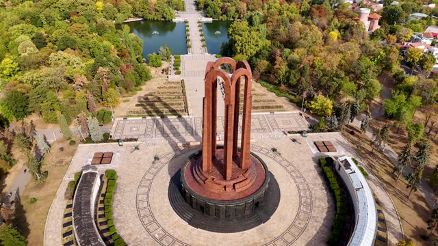 Soaring Above Carol Park: A Rotating Aerial View of Bucharest's Iconic Landmark