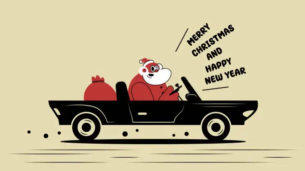 Vector illustration of Santa Claus delivers gifts in a car and wishes you a Merry Christmas and a Happy New Year