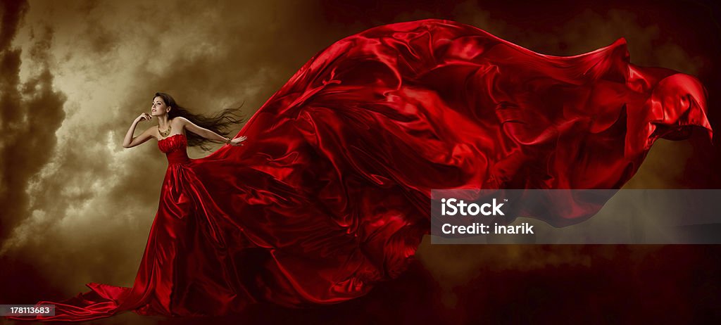 Woman Red Dress, Fashion Model Waving Flying Fabric, Gown Cloth Woman Red Dress, Fashion Model Waving Flying Fabric, Lady in Glamour Art Gown Cloth Dress Stock Photo