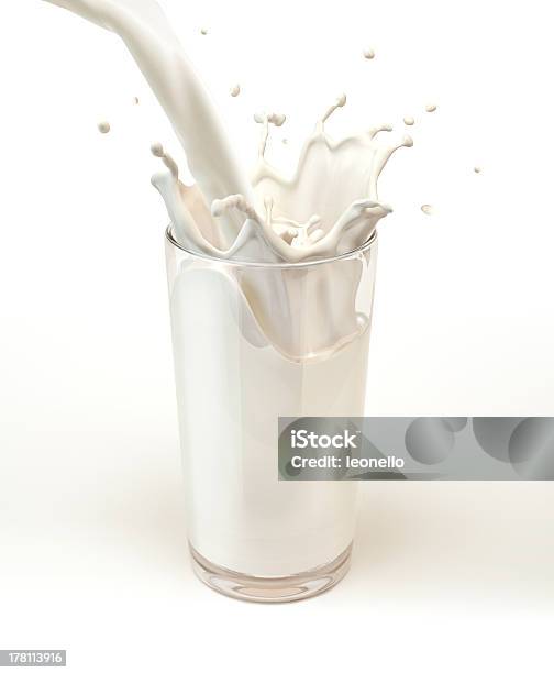 Latte Fresco Versare In Un Bicchiere Con Splash - Fotografie stock e altre immagini di Latte - Latte, Bicchiere, Schizzare