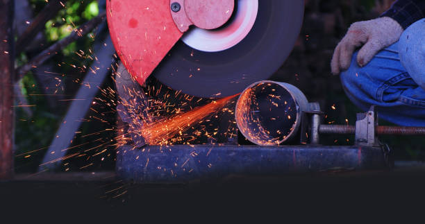 istock Welding machinery iron metal sparking equipment. Hot flame welding metal work cutting fire iron workshop. Locksmith using Welding machine cutting metal process grinder. Heavy Engineer metalworking 1781147351