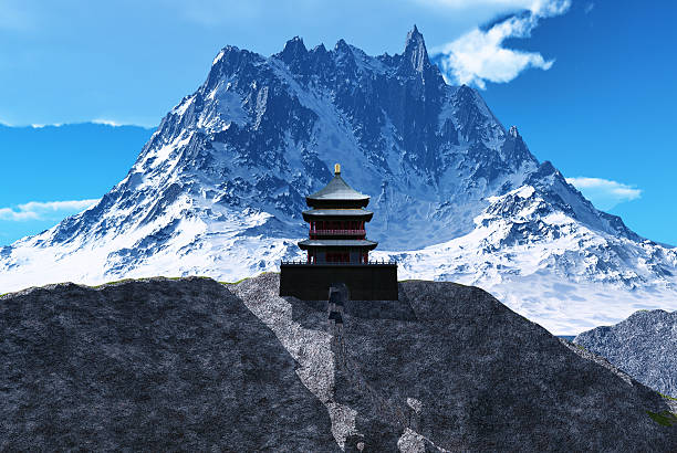 Buddhist temple in mountains stock photo