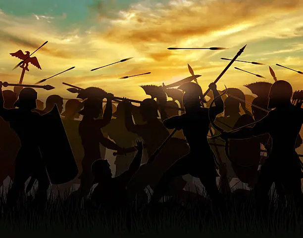 silhouettes fighting warriors are seen against the background of the rising sun