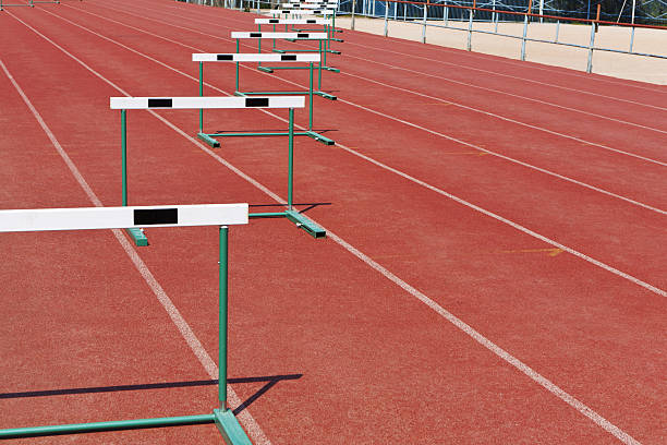 istock Straight lanes for track race with hurdles 178115477