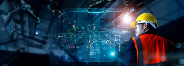 istock Industry 4.0, Industrial Engineer working with Smart industry automation robot arms for digital factory production technology on real time interface monitoring system software. Industrial revolution 1781167061