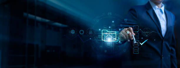 istock Businessman tick correct at checkbox sign for online approve business project. Digital document and folder provide excellent quality in business report. File Sharing, Data transfer on network. 1781167066
