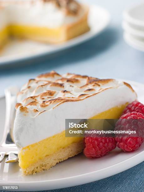 Slice Of Lemon Meringue Pie With Raspberries Stock Photo - Download Image Now - American Culture, Baked, Close-up