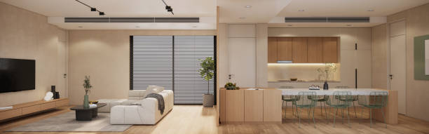 istock Modern beige living room and kitchen interior, Stylish apartment design 3d rendering  panorama banner 1781180768