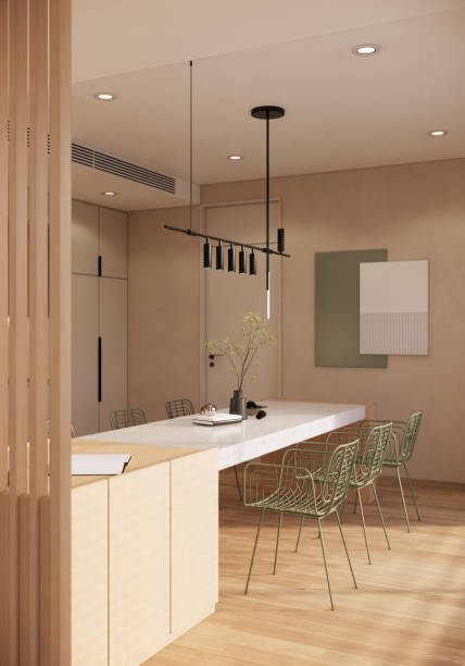 istock minimal modern room with dining table, wooden and beige details, minimalistic interior design 1781181311