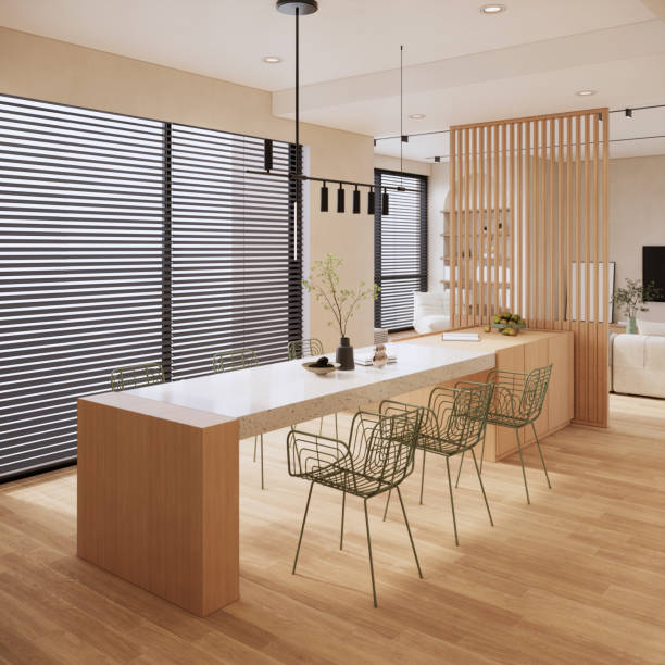istock 3d rendering of a beige room with dining table, beautiful apartment interior design. 1781181320