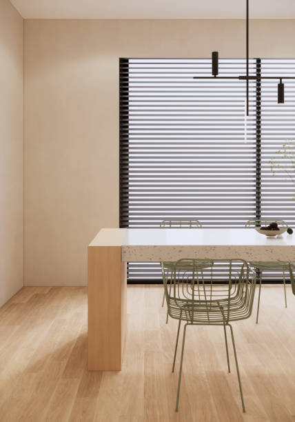 istock minimal beige room with dining table, wooden details, minimalistic interior design 1781181321