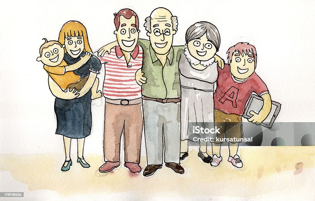 Happy Family Portrait Colored with watercolors Adult Stock Photo