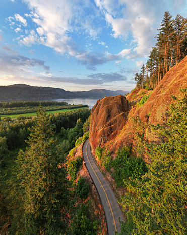 Aerial view of the Historic Columbia River Highway in the Columbia River Gorge, Oregon.