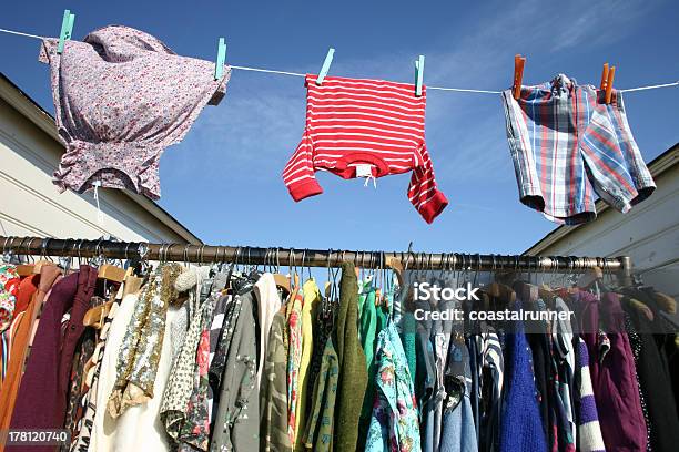 Colourful Clothes Pegged On A Washing Line Outdoors Stock Photo - Download Image Now