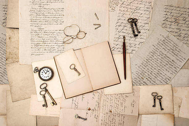istock open book, vintage accessories, old letters 178122058