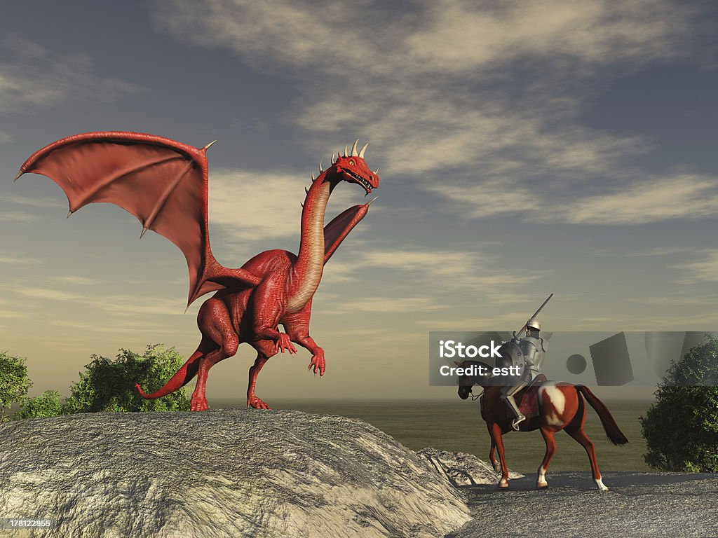 Cavaliere e il Drago - Foto stock royalty-free di Drago - Personaggio fantastico