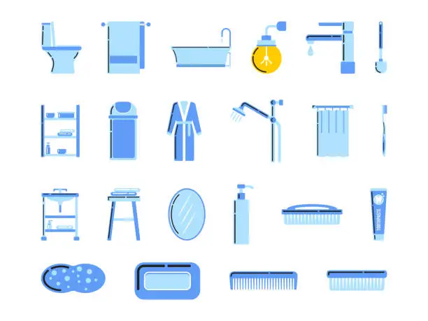 Vector illustration of Bathroom Elements Icons Illustration. Flat Style Toiletries Collection. Vector Illustration on a White Background.