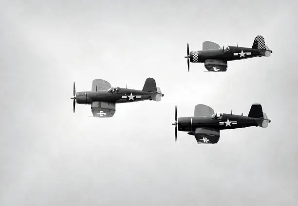 World War II era Navy fight airplanes in formation